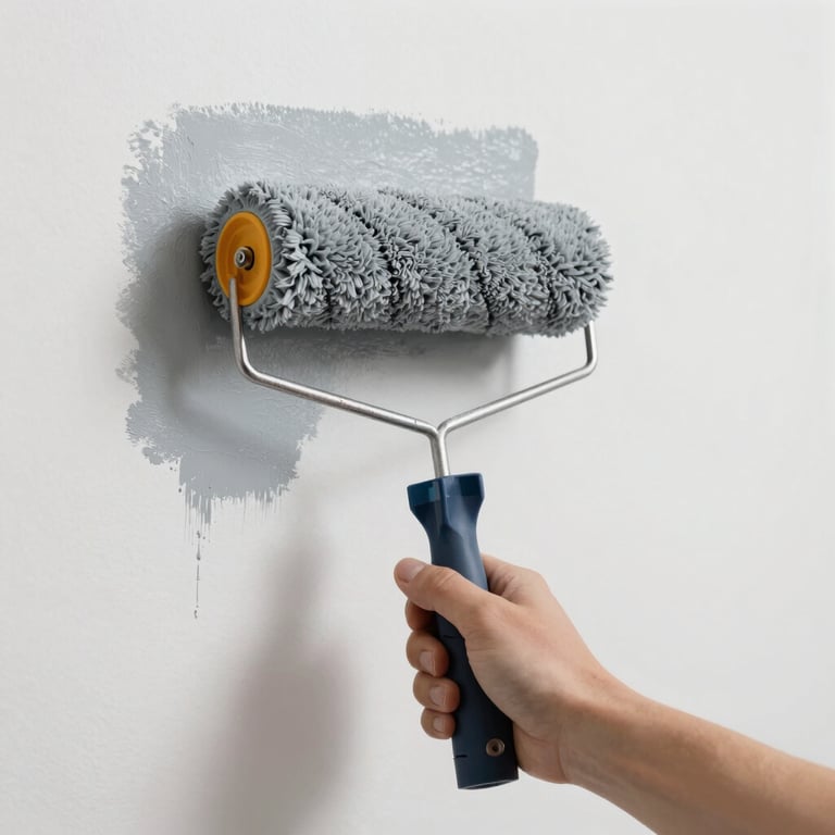 A professional paint roller applying a smooth coat of slate gray paint to a pristine white wall, sharp focus, clean interior design.