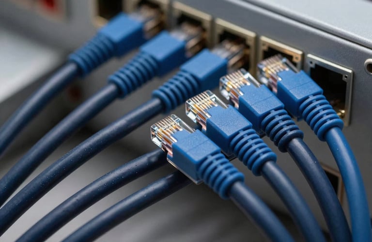 Macro shot of neatly organized dark navy and royal blue ethernet cables connected to a patch panel, soft professional lighting.