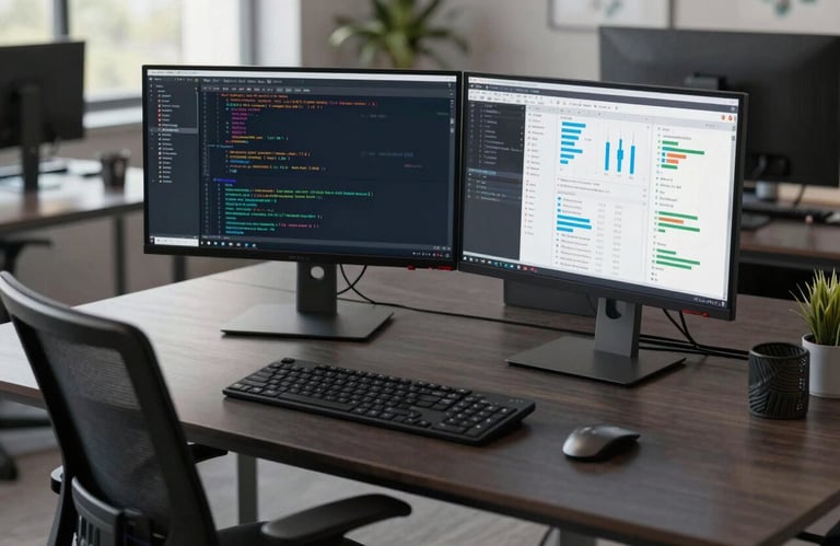 A modern workstation in a US office featuring a sleek dark desk, dual monitors displaying code and analytics, and ergonomic chair.