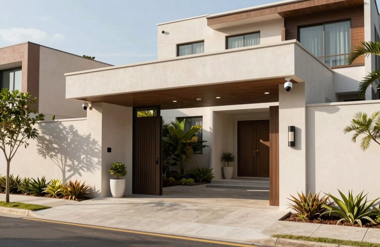 Wide shot of a luxury residential entrance in a high-end South American / Brazilian gated community, clean lines, professional surveillance cameras, bright daylight with soft shadows.