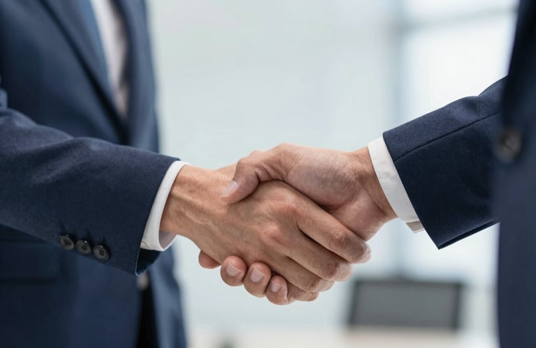 A close up of business partners shaking hands, conveying trust and dependability in office support, colors #1F2A38 and #9FB8CC.