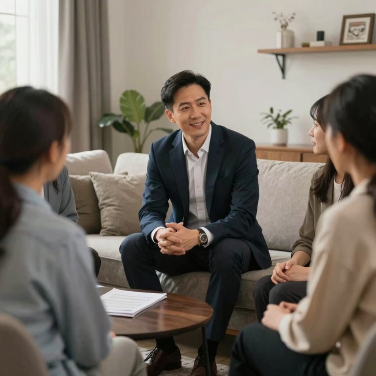 A candid shot of a consultant in professional attire speaking warmly to a group of residents in a well-lit North American living room during a session.