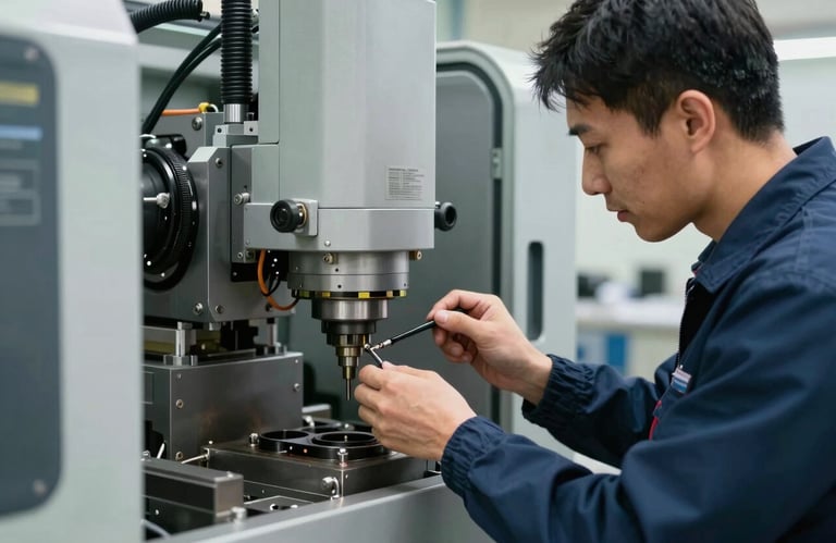 A technician wearing professional gear performing precision maintenance on a large industrial machine, with a clean and authoritative focus on the technical details.
