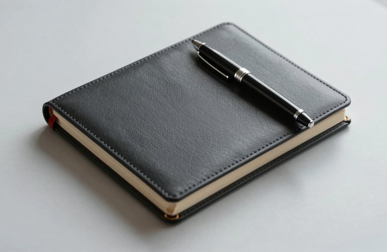 A vertical shot of a structured, deep charcoal leather-bound notebook and a designer pen on a pale mist surface, suggesting organization and professionalism.