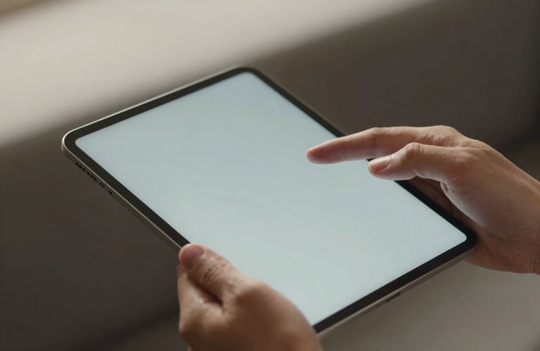 A person's hands holding a pale mist colored tablet, with a blurred soft ivory and deep charcoal background, focused on the act of curating digital content.