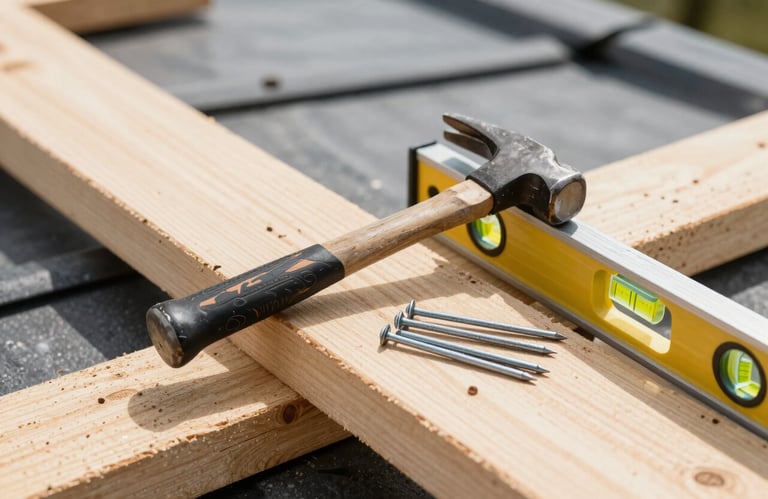 Close-up of professional roofing tools, hammer, nails, and a level resting on new timber beams, bright daylight, professional carpentry detail, European &amp;#x2F; French construction style.