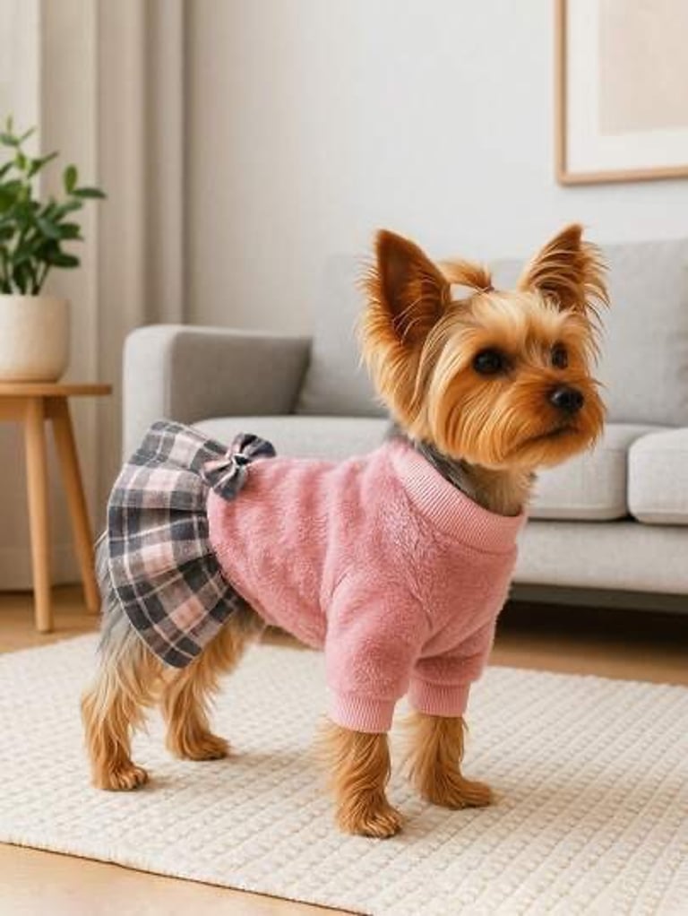 Yorkie con vestido rosa para galeria de fotos