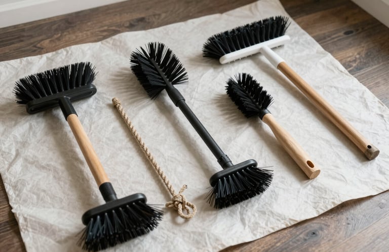 A collection of high-quality chimney cleaning brushes and a sturdy rope neatly laid out on a soft off-white protective mat in a North American / US home. The composition is clean and organized, suggesting expertise.