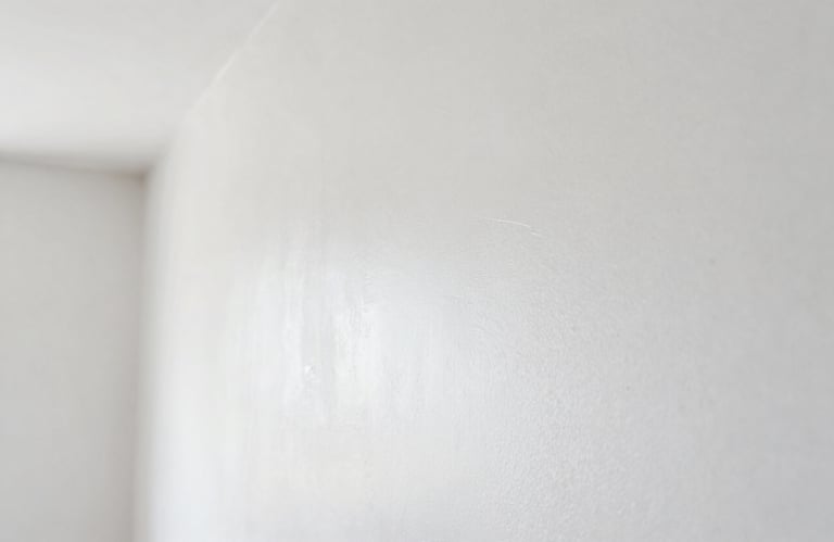 Clean macro shot of fresh white drywall taping work, showcasing a perfectly smooth and seamless finish in a modern Canadian interior, bright and airy lighting.