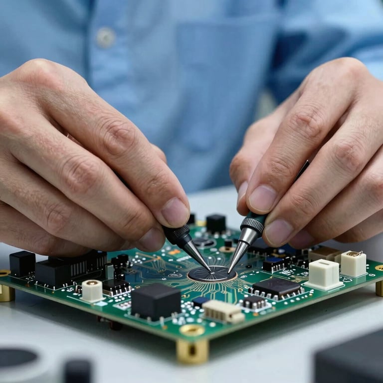 An engineer's hands working on a high-tech circuit board with precision tools, macro photography, professional laboratory setting, dark navy and sky blue color scheme.