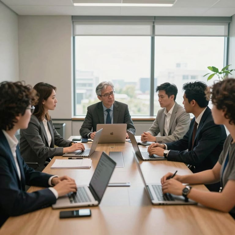 A collaborative team meeting in a sunlit North American conference room. The atmosphere is professional and focused on digital growth.