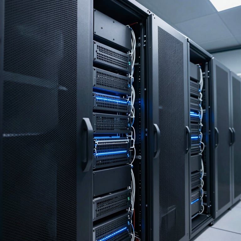 A sleek, high-tech server room with neat cabling and soft blue ambient lighting, representing reliable and high-performance infrastructure.