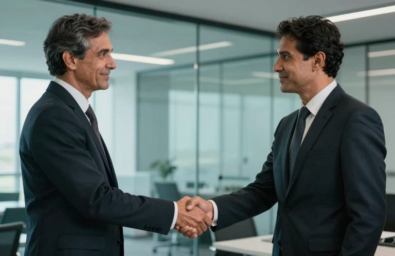 Two professionals in South American / Brazilian business attire shaking hands in a modern glass office, muted ocean teal tones.