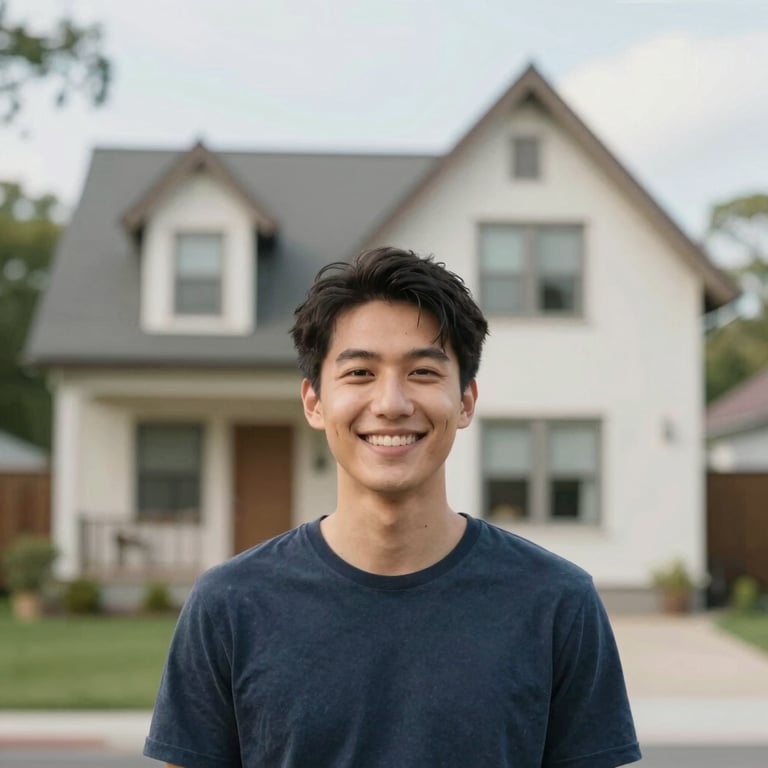 A smiling young man stands in front of his new modern suburban home.