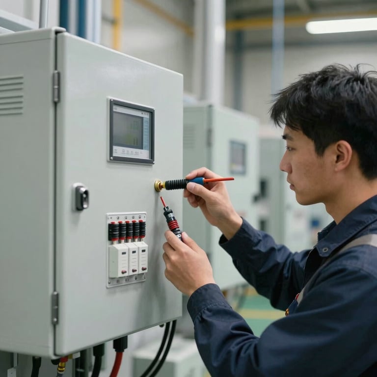 Side view of a technician testing voltage on a newly installed sub-panel in a modern industrial facility in British Columbia, focusing on precision.