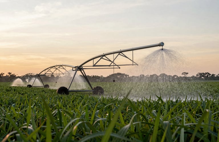 Modern sustainable irrigation system spraying water over a lush green field at sunset, South American Brazilian rural setting, capturing light and water movement, focus on growth and care.