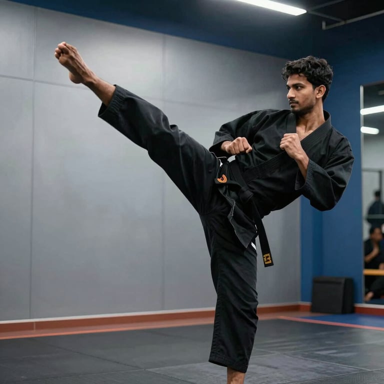 A South Asian male master instructor in a black belt dobok demonstrating a high kick to a class. The composition is focused on his form and discipline. The background is a sleek, modern gym in Delhi with silver and dark blue walls.