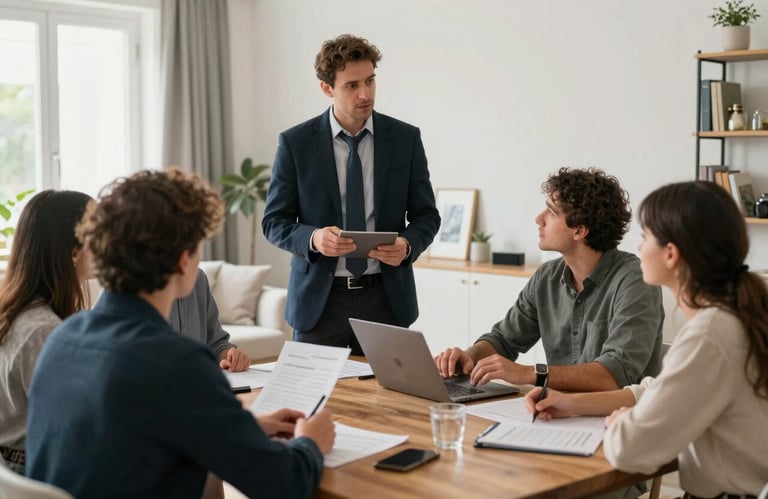 A professional meeting between an expert security consultant and a family in a bright, modern Spanish living room, discussing safety plans.