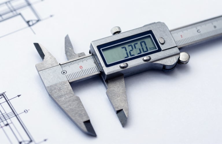 A high-precision digital caliper resting on a technical drawing, emphasizing engineering excellence, featuring deep blue shadows #1A2C3D and crisp white highlights #F8F8F4.