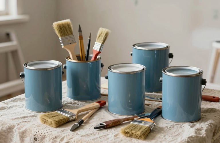 Professional painting and construction tools neatly organized on a beige cloth in a European / French interior under renovation. High-quality brushes and paint cans in cadet blue.
