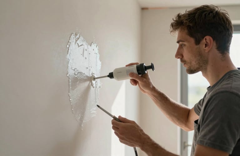 A skilled worker applying a specialized protective coating to a wall in a European / French renovation site. Focused, professional atmosphere, natural morning light.