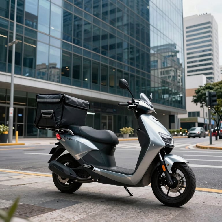 A high-angle photo of a modern delivery scooter parked outside a glass office building in a Brazilian business district. Steel blue and navy tones in the background architecture.