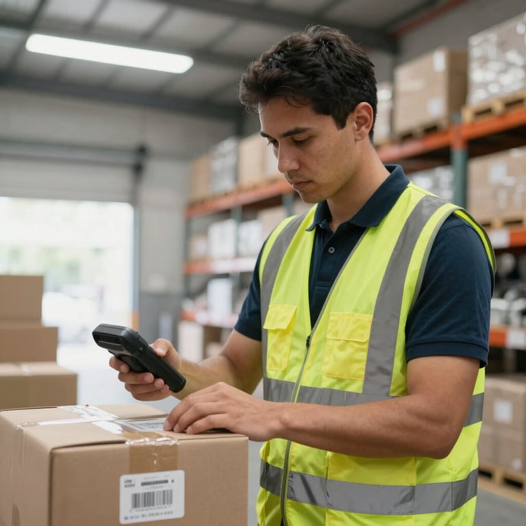 A professional in a high-visibility vest carefully scanning a barcode on a package with a handheld device, bright indoor warehouse lighting, South American context.