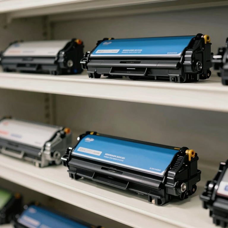 Close up of original toner cartridges and office supplies organized neatly on a white shelf in a professional storage room, off-white and medium blue tones.