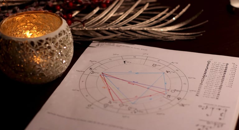 Printed astrological natal chart on a desk next to a glowing candle and silver palm leaf.
