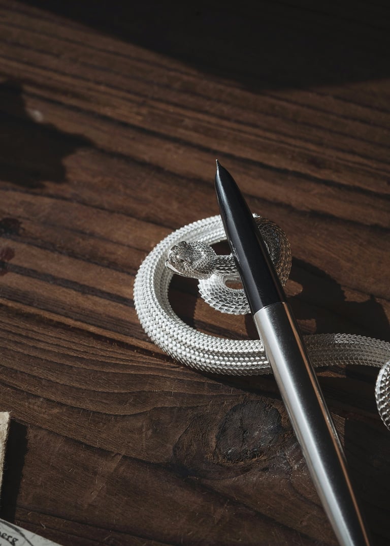A luxury silver fountain pen rests on a coiled snake sculpture over a rustic wooden desk.