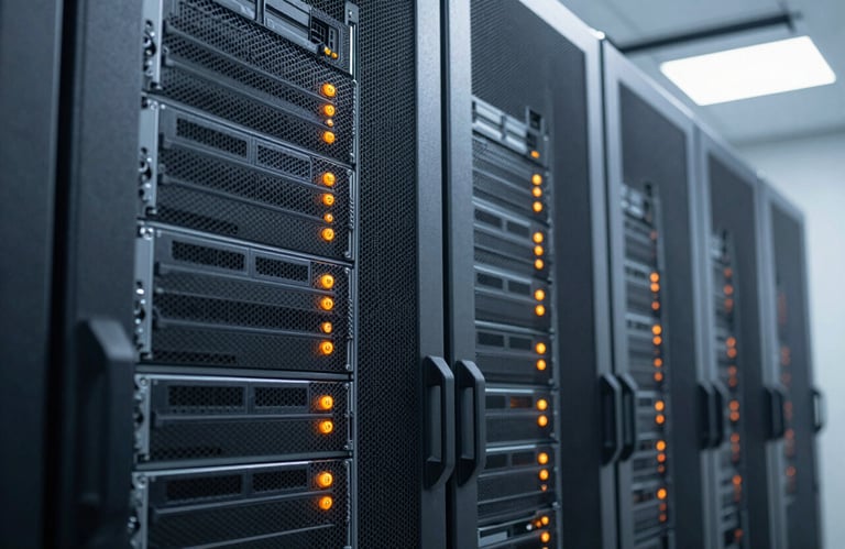 A clean, bright close-up of a high-tech server room in a North American / US data center, lit with cool soft platinum light and orange status indicators.