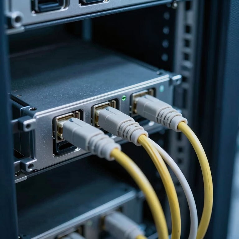 Close-up of high-end telecommunications hardware and fiber optic cables in a server room, steel blue and soft gray lighting, tech-focused.