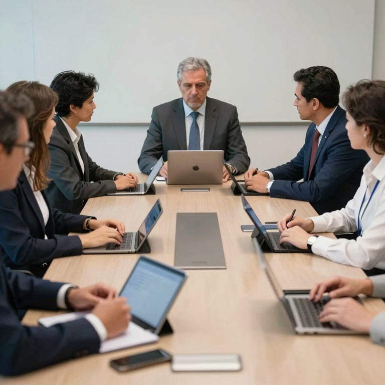 A collaborative meeting in a Brazilian corporate boardroom, soft focus on professional attire and tablets, steel blue and off-white environment.