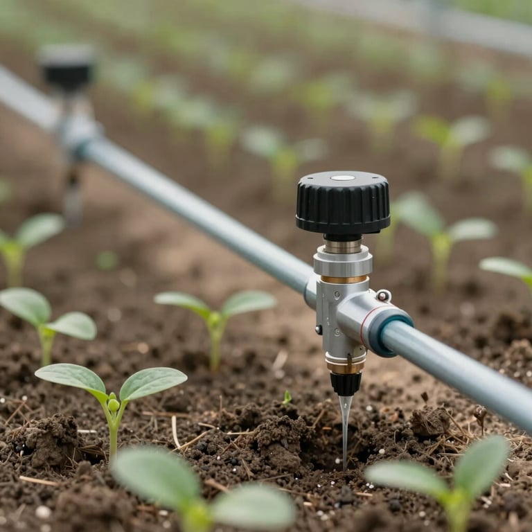 Close-up of a modern drip irrigation system nourishing small green saplings in a Middle Eastern nursery, precision and innovation theme, soft natural lighting.