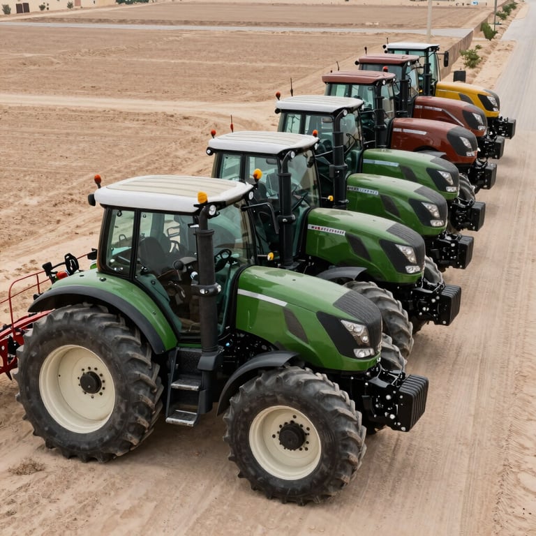 Row of modern agricultural tractors parked on a clean Middle Eastern farm path, organized professional machinery, metallic dark green and brown tones.