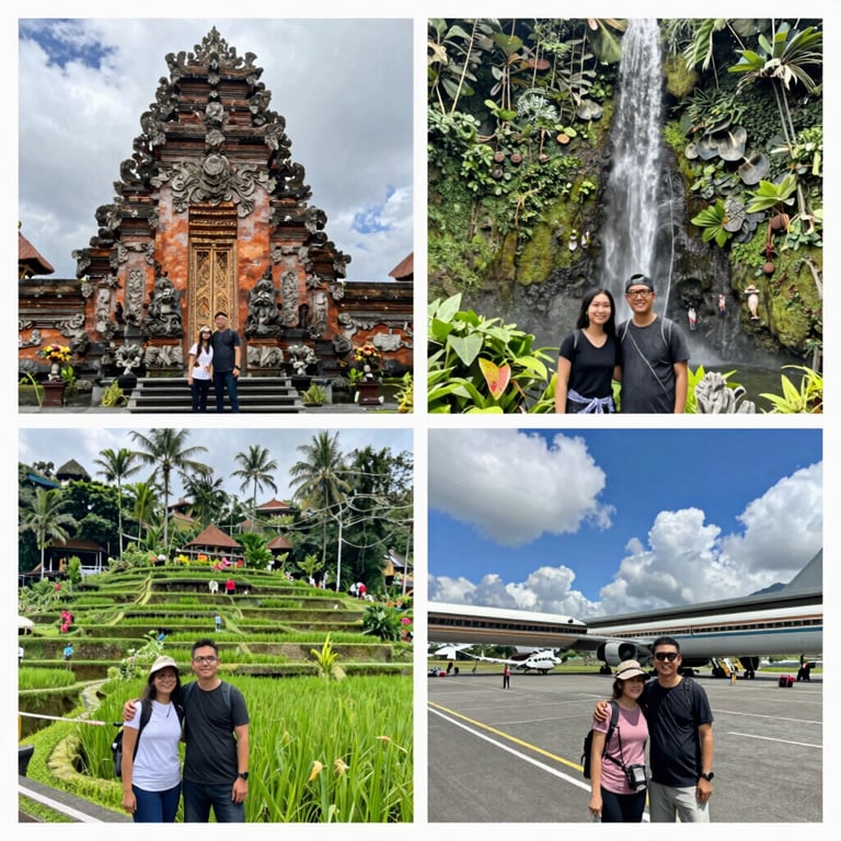 A smiling couple enjoying a serene rice terrace view with their local driver nearby.