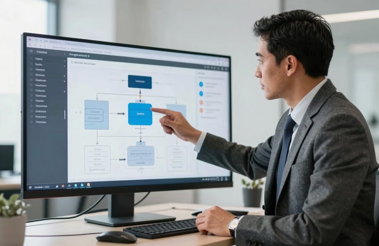 A professional consultant in South American business attire presenting software architecture on a sleek digital interface, clean and bright office setting.