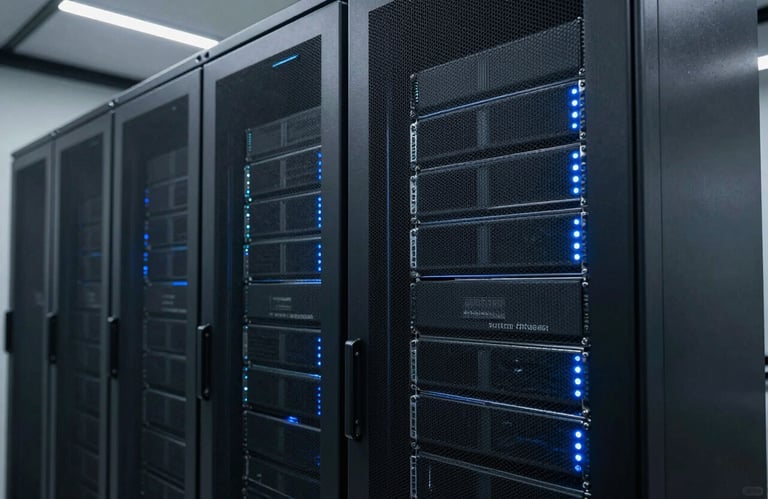 A sleek server rack in a modern South American data center, illuminated with subtle blue lights, symbolizing reliability and the backbone of custom software.