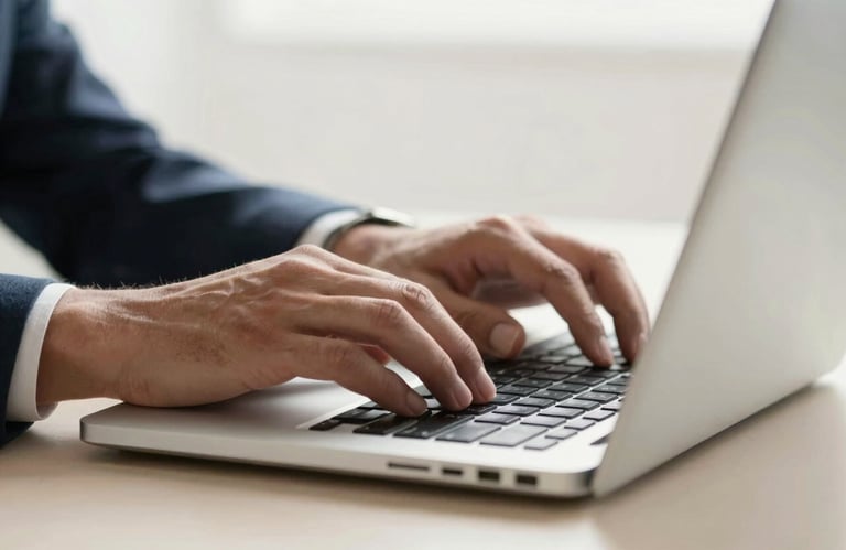 A close-up shot of professional hands typing on a high-end laptop in a bright North American / International office, with a soft off-white background.