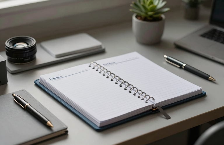 A clean, organized workspace in a North American / International home office featuring a steel blue grey planner and minimalist stationery.