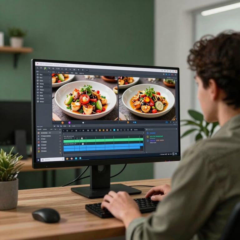 A sophisticated office space in North America where a professional is editing vibrant food videos on a large monitor, with matte forest green accents in the decor.