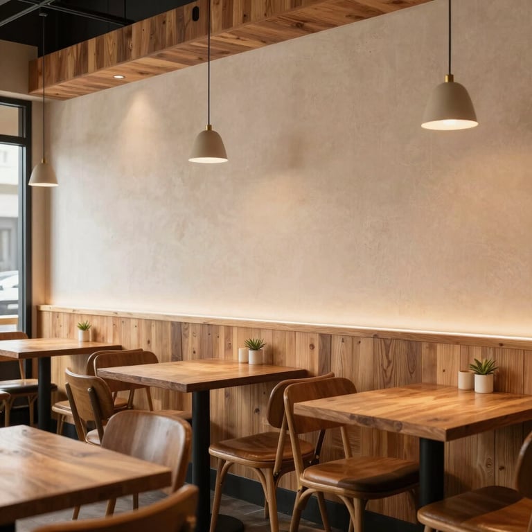 An inviting, modern North American bistro interior with warm wooden textures, crisp parchment walls, and a professional yet down-to-earth aesthetic.