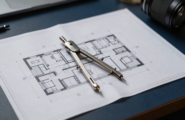 Professional photography of detailed architectural blueprints spread across a dark navy desk with a silver drafting compass. Lighting is sharp and focused.