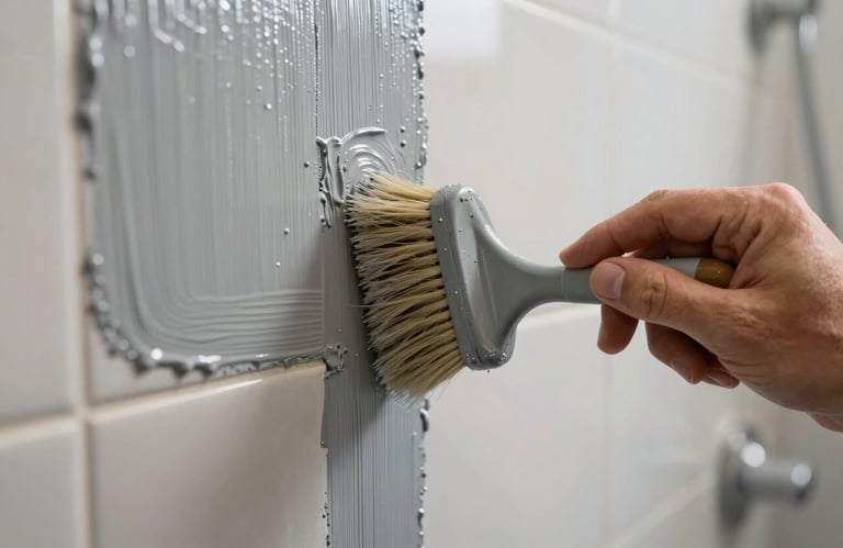 Close-up of a worker's hand applying a professional grey coating to bathroom tiles, focused on the brush and texture, modern finish.