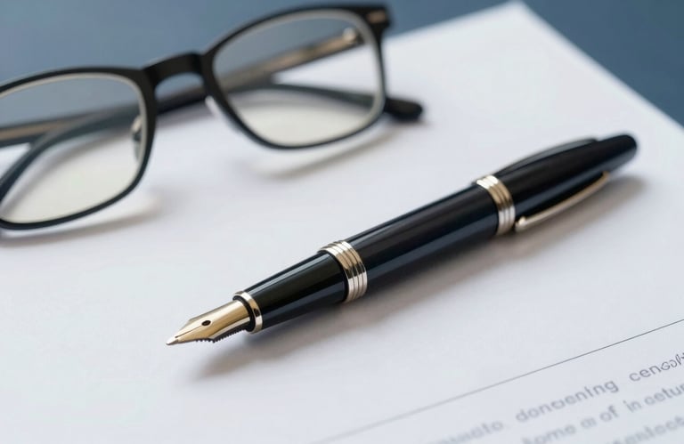 A close-up of an elegant pen on a legal document next to a pair of glasses. Clean, sophisticated composition with #3C6B6F tones.