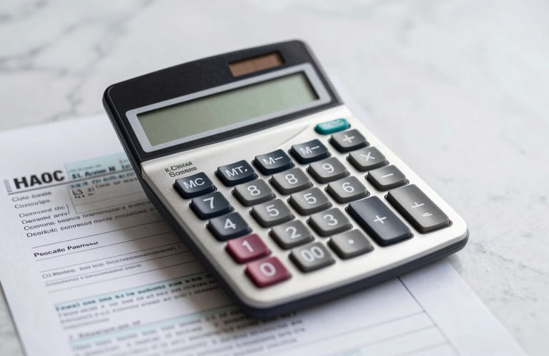 Iconographic photo of a calculator and tax forms on a clean marble desk. Professional lighting with deep shadows in #1A2F3D.