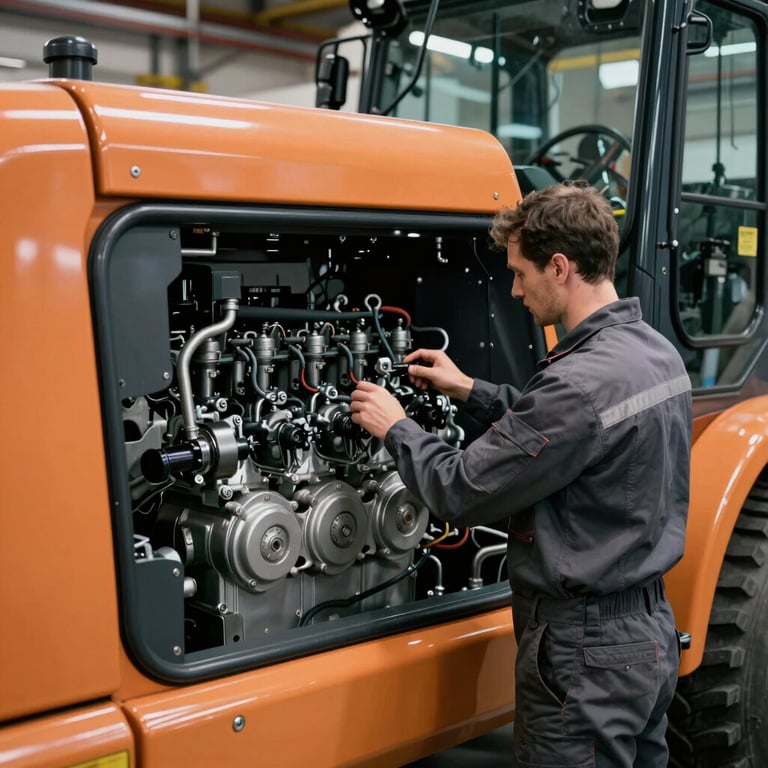A technician in a dark grey work uniform inspecting the engine compartment of a large orange Manitou machine, Central European workshop setting.