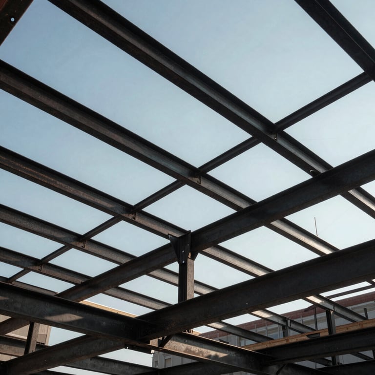 Low angle view of a complex roof framework under construction, showing heavy-duty steel rafters against a clear Manhattan sky, North American / US (New York City).