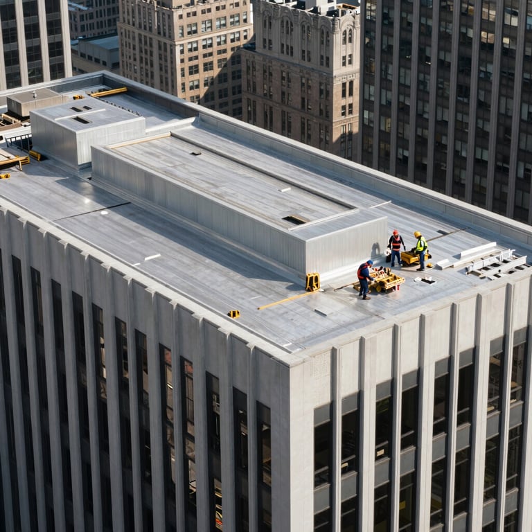 A modern commercial flat roof installation on a Manhattan skyscraper, showing clean architectural lines and professional contractors in the distance.