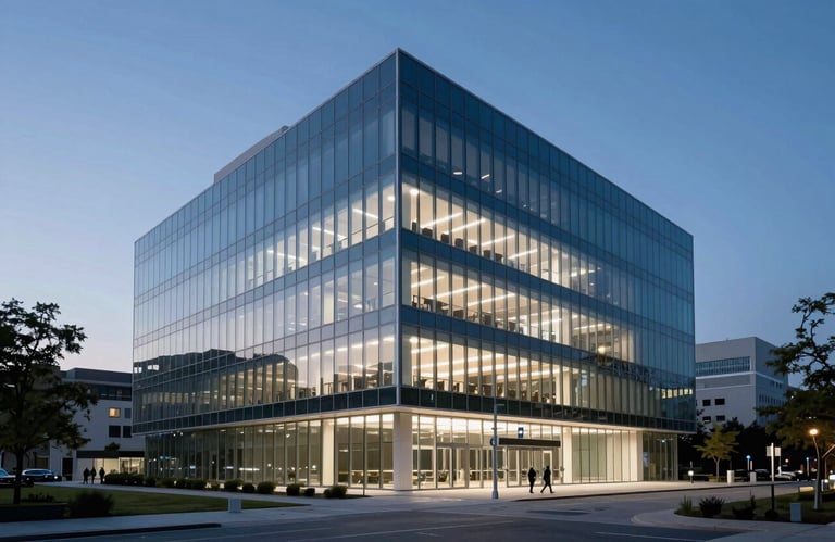 A wide-angle architectural shot of a minimalist, glass-walled tech headquarters in a major US city during twilight. The building glows with soft white and deep blue interior lights.
